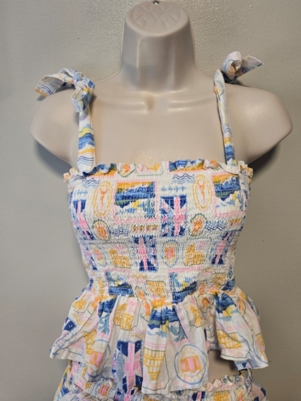 Haute Hippie Size Small Smocked Ruffle Tie-Strap Sundress in Pastel Multicolor